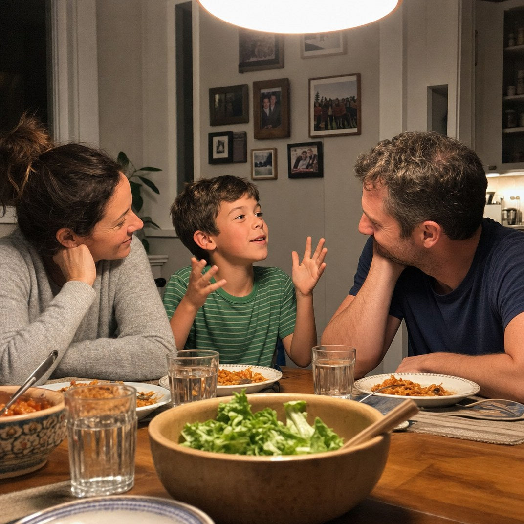 A boy telling his parents a story at the dinner table